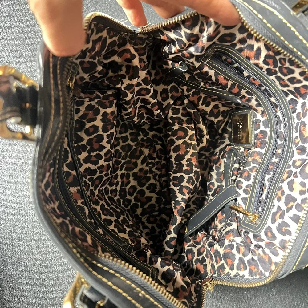 Maxx NY Gray Patent Satchel Handbag Bowler Bag Gold Buckle 90s Y2k Indie Sleaze